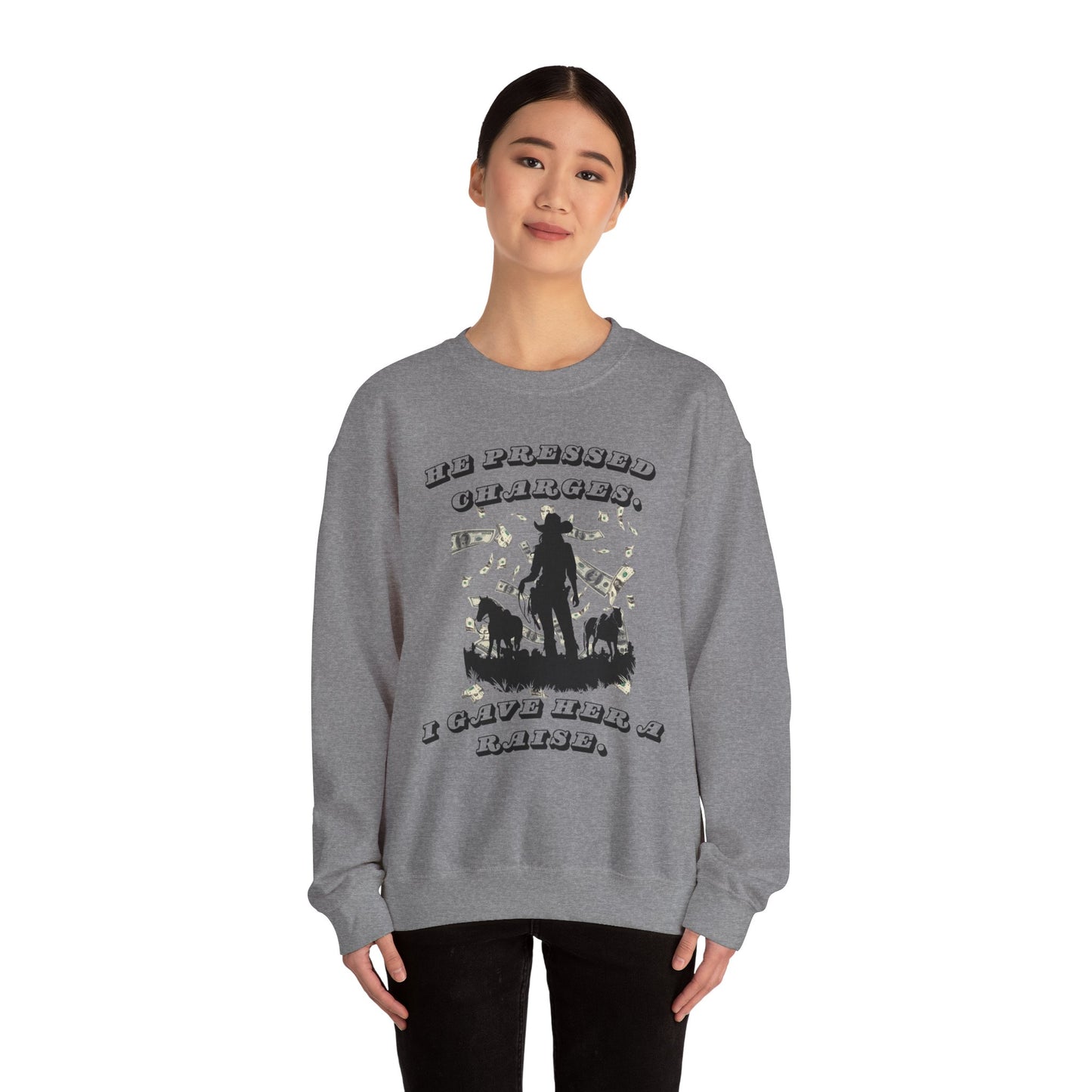 Funny Unisex Crewneck Sweatshirt - 'He Pressed Charges, I Gave Her a Raise'