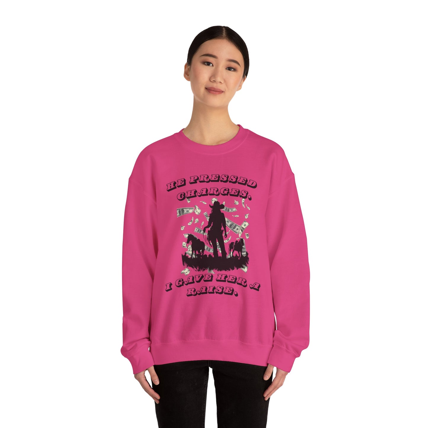 Funny Unisex Crewneck Sweatshirt - 'He Pressed Charges, I Gave Her a Raise'