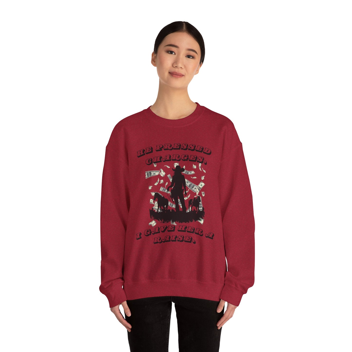 Funny Unisex Crewneck Sweatshirt - 'He Pressed Charges, I Gave Her a Raise'