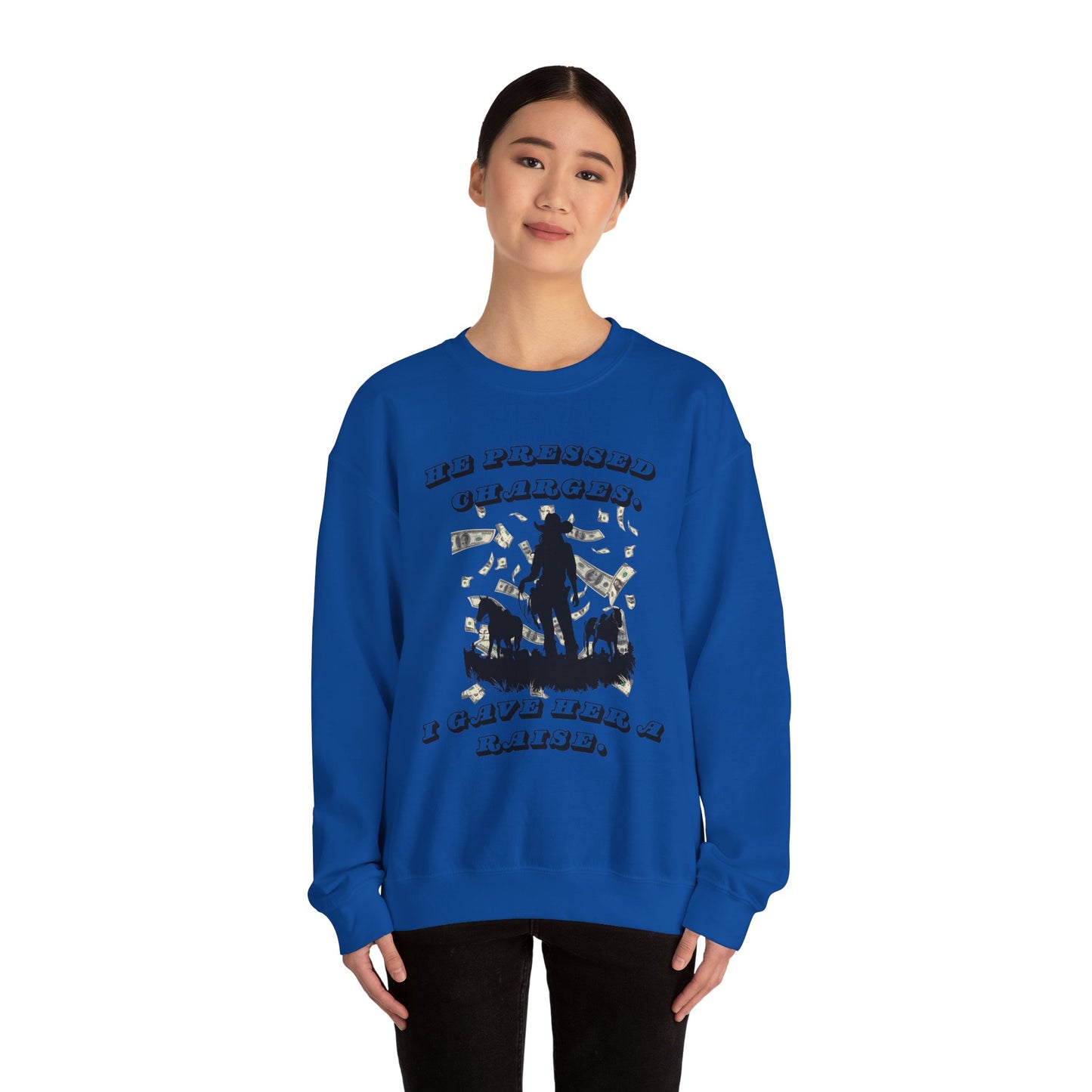 Funny Unisex Crewneck Sweatshirt - 'He Pressed Charges, I Gave Her a Raise'