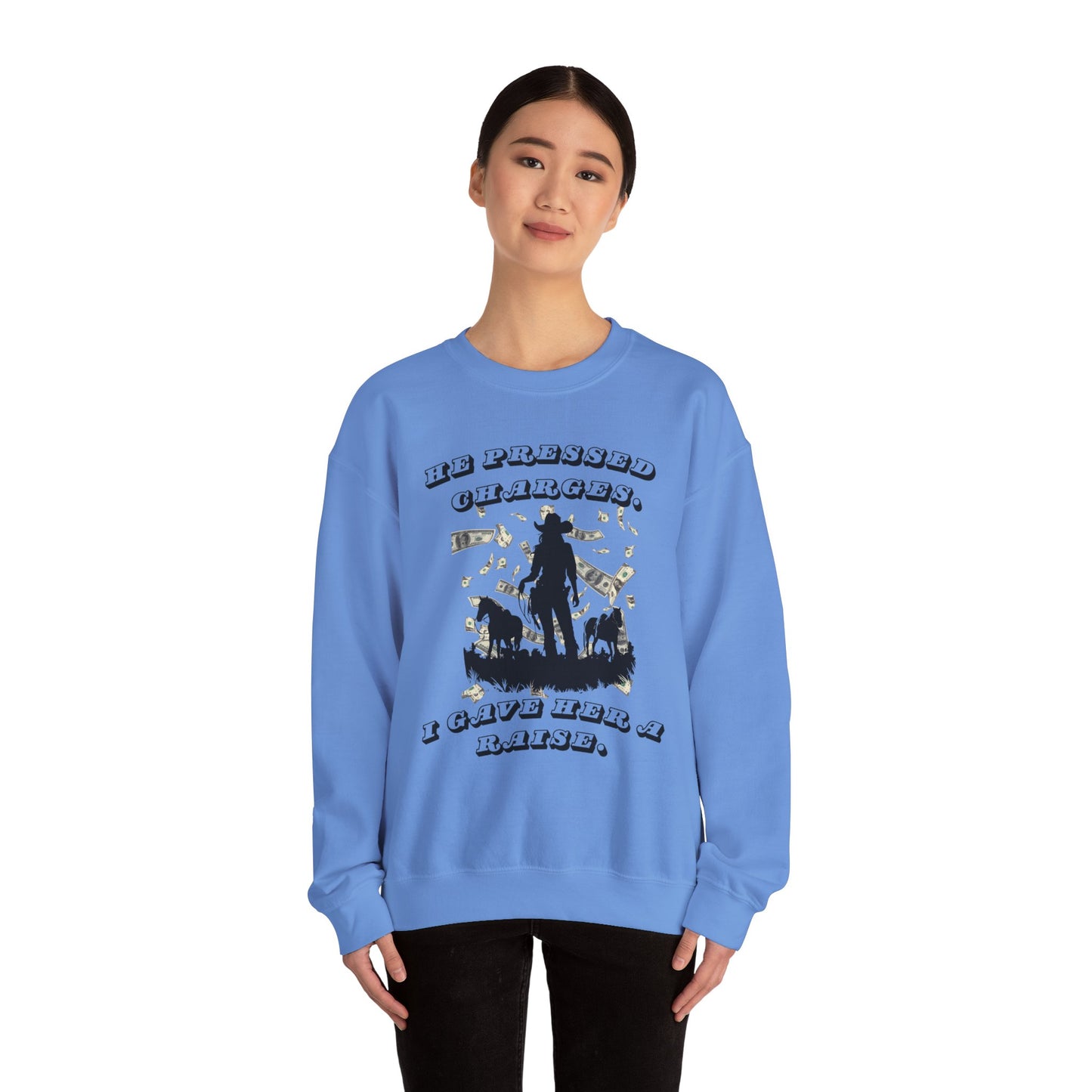 Funny Unisex Crewneck Sweatshirt - 'He Pressed Charges, I Gave Her a Raise'
