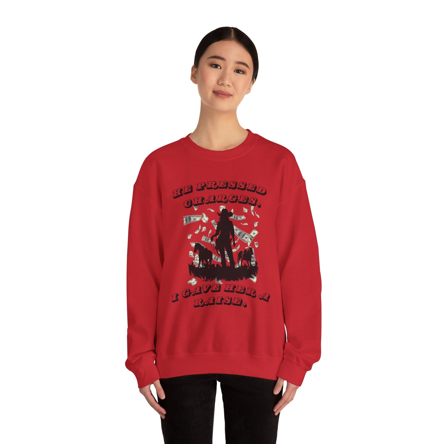 Funny Unisex Crewneck Sweatshirt - 'He Pressed Charges, I Gave Her a Raise'