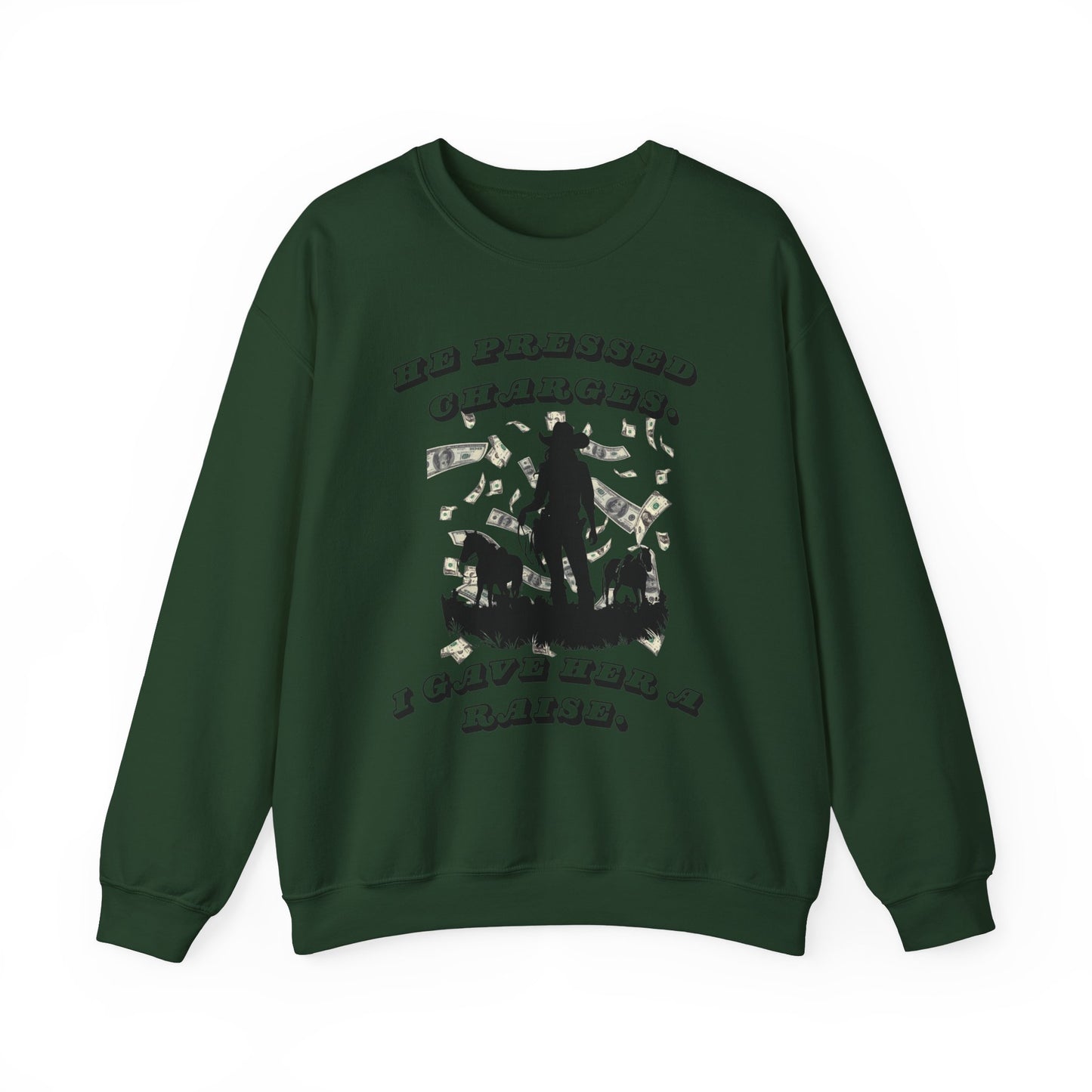 Funny Unisex Crewneck Sweatshirt - 'He Pressed Charges, I Gave Her a Raise'