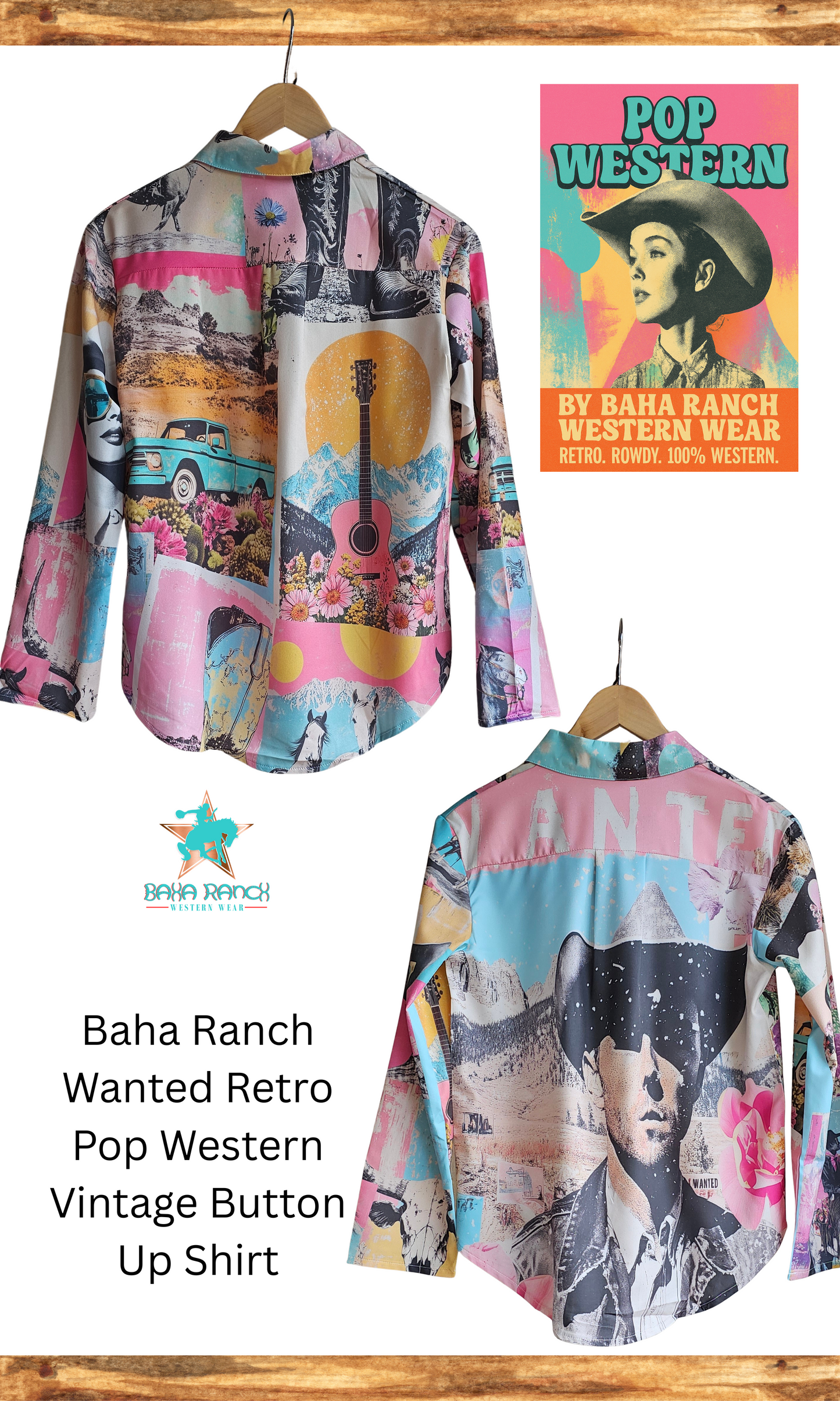 Baha Ranch Wanted Retro Pop Western Vintage Button Up Shirt