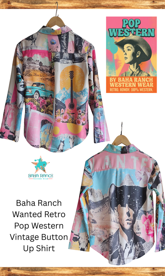 Baha Ranch Wanted Retro Pop Western Vintage Button Up Shirt