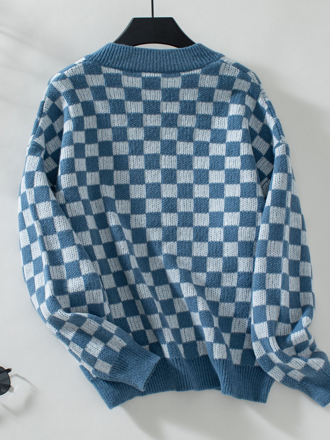 Checkered V-Neck Dropped Shoulder Sweater