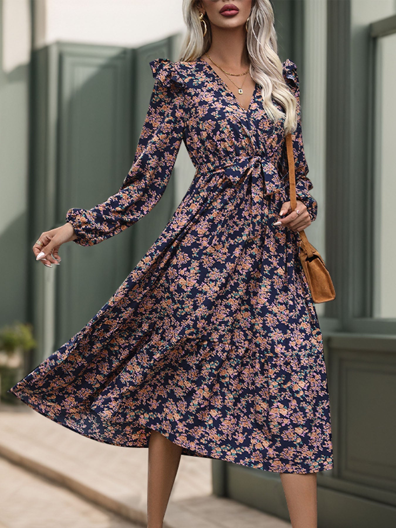 Printed Surplice Long Sleeve Midi Dress