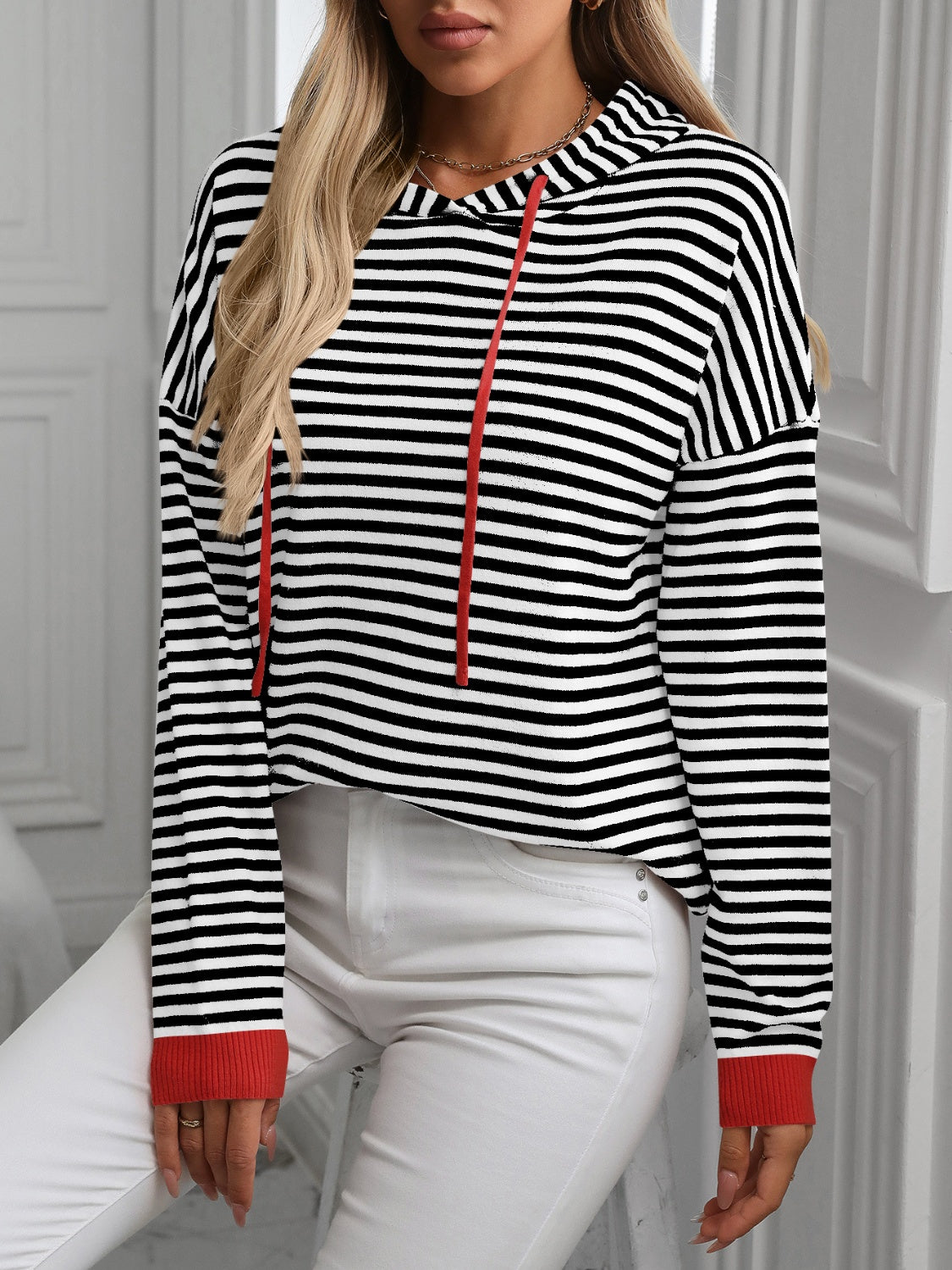 Striped Long Sleeve Hooded Knit Top